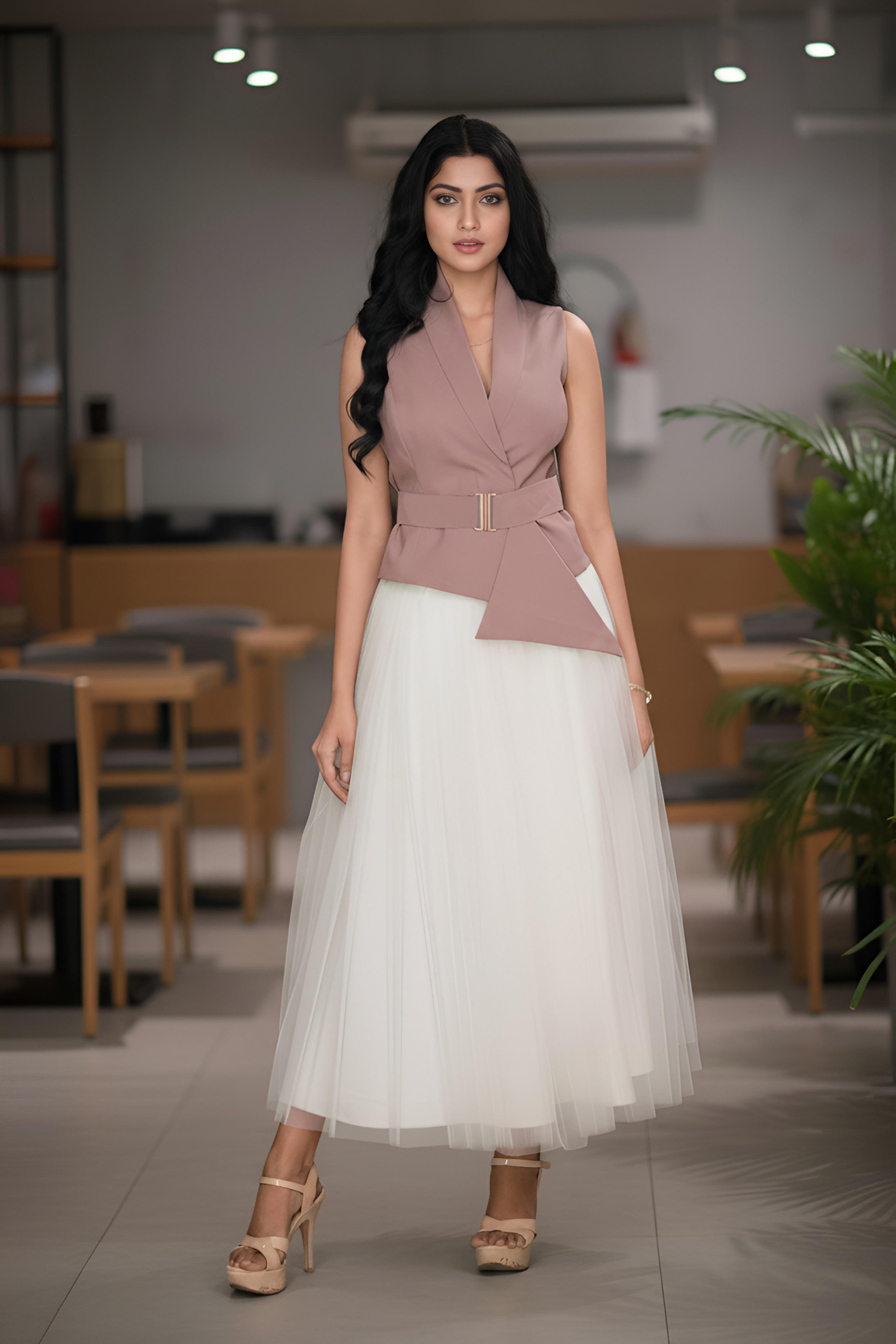 Ivory skirt & Salmon Pink waist coat - Chic Harmony